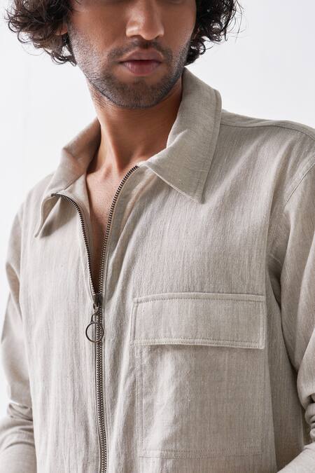 Buy_THREE_Beige Handwoven Cotton Solid Shacket _Online_at_Aza_Fashions