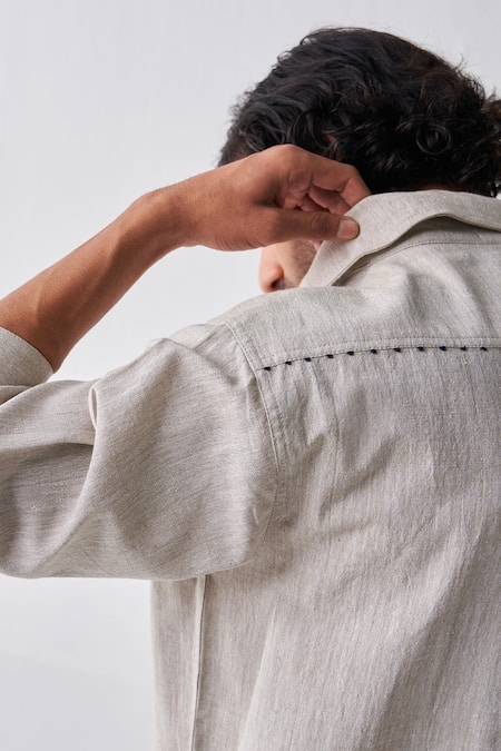 Shop Three Beige Handloom , Handwoven Shacket And Pant Set Online at Aza Fashions Shop_Three_Beige Handloom , Handwoven Shacket And Pant Set _Online_at_Aza_Fashions