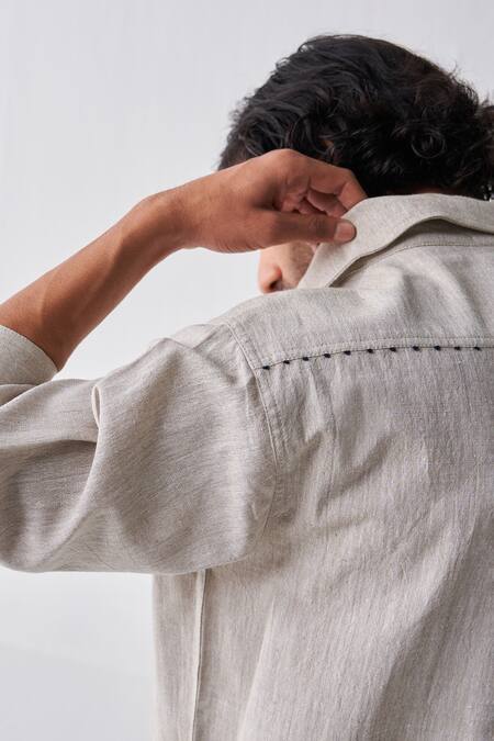 Shop_THREE_Beige Handwoven Cotton Solid Shacket _Online_at_Aza_Fashions