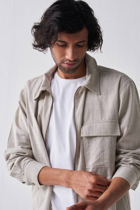 THREE_Beige Handwoven Cotton Solid Shacket _at_Aza_Fashions