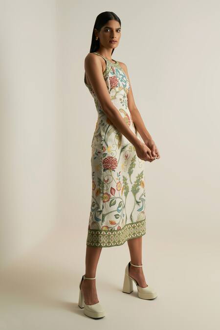 Buy_RANNA GILL_Multi Color Viscose Linen Printed Parrot Round And Botanical Dress _Online_at_Aza_Fashions