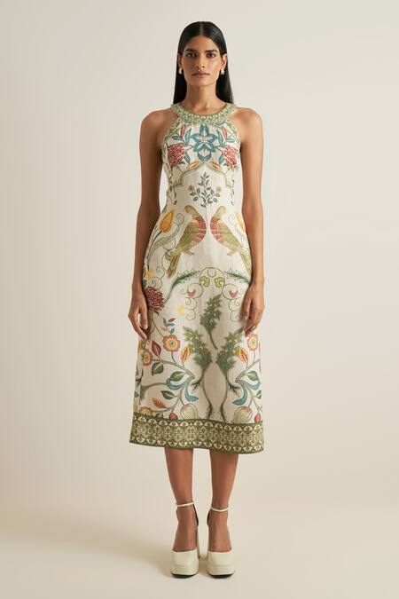 Shop_RANNA GILL_Multi Color Viscose Linen Printed Parrot Round And Botanical Dress _Online_at_Aza_Fashions