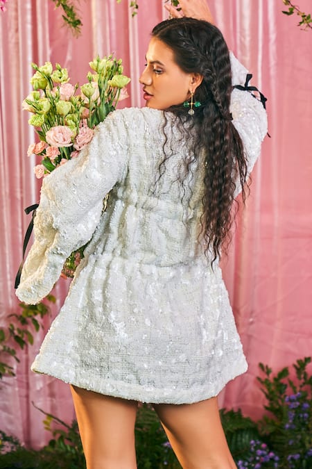 Therealb_White Tweed Sequins V-neck Regency Trapeze Embroidered Dress _Online_at_Aza_Fashions