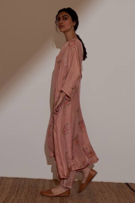 Dot_Pink Cotton, Silk, Organza Embroidery Round Neck Printed Kurta Pant Set _Online_at_Aza_Fashions