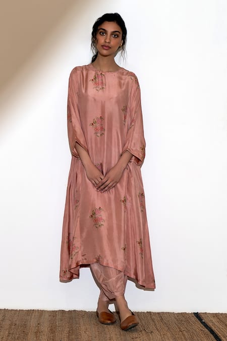 Buy_Dot_Pink Cotton, Silk, Organza Embroidery Round Neck Printed Kurta Pant Set _Online_at_Aza_Fashions
