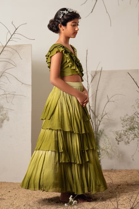 Merge Design_Green Chiffon, Crepe Ruffles, Embroidery Multi Layered Ombre Lehenga Set _Online_at_Aza_Fashions