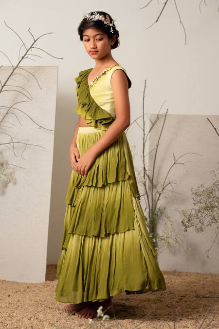 Buy_Merge Design_Green Chiffon, Crepe Ruffles, Embroidery Multi Layered Ombre Lehenga Set _Online_at_Aza_Fashions