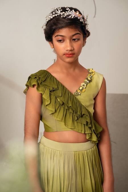 Shop_Merge Design_Green Chiffon, Crepe Ruffles, Embroidery Multi Layered Ombre Lehenga Set _Online_at_Aza_Fashions