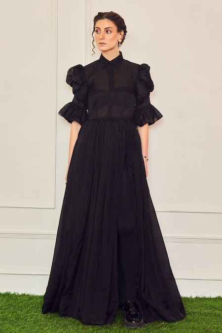 Buy_Therealb_Black Viscose Unforgotten Tales Of Organza Maxi Shirt Dress With Bustier _Online_at_Aza_Fashions