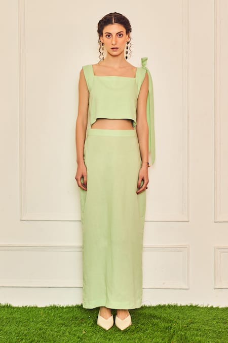 Therealb_Green Cotton Square Neck Secret Queen One Shoulder Crop Top And Skirt Set _Online_at_Aza_Fashions