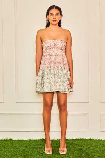 Shop_Therealb_Multi Color Cotton Bandeau Floral Allure Strapless Pleated Bustier Mini Dress _Online_at_Aza_Fashions