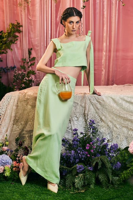 Shop_Therealb_Green Cotton Square Neck Secret Queen One Shoulder Crop Top And Skirt Set _Online_at_Aza_Fashions