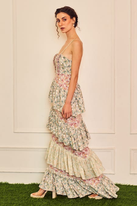 Therealb Multi Color Cotton Ruffles Sweetheart Neck Wild Lily Print Gown Online at Aza Fashions Therealb_Multi Color Cotton Ruffles Sweetheart Neck Wild Lily Print Gown _Online_at_Aza_Fashions