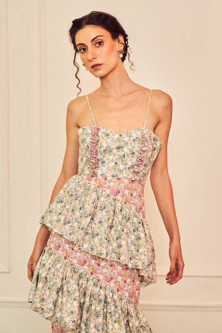 Buy Therealb Multi Color Cotton Ruffles Sweetheart Neck Wild Lily Print Gown Online at Aza Fashions Buy_Therealb_Multi Color Cotton Ruffles Sweetheart Neck Wild Lily Print Gown _Online_at_Aza_Fashions