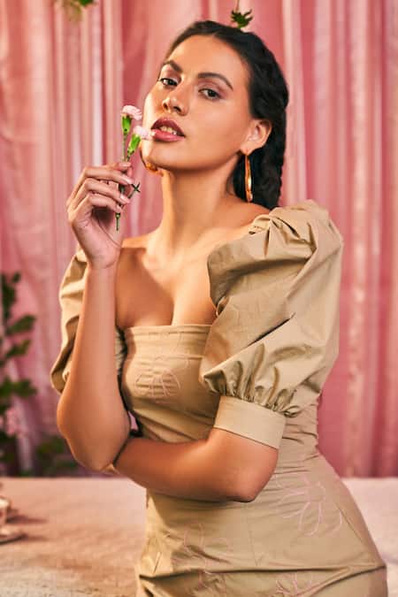 Therealb_Beige Cotton Square Neck Morden Romance Puffed Sleeve Midi Dress _Online_at_Aza_Fashions