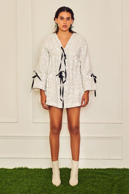 Shop_Therealb_White Tweed Sequins V-neck Regency Trapeze Embroidered Dress _Online_at_Aza_Fashions