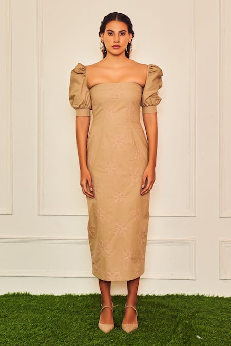 Buy_Therealb_Beige Cotton Square Neck Morden Romance Puffed Sleeve Midi Dress _Online_at_Aza_Fashions