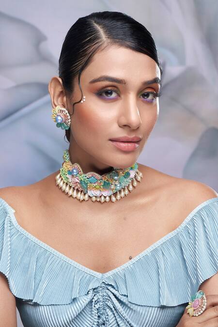 Torque By Merge Multi Color Stones Embellished Choker And Stud Earrings Set Online at Aza Fashions Torque By Merge_Multi Color Stones Embellished Choker And Stud Earrings Set _Online_at_Aza_Fashions