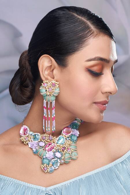 Shop Torque By Merge Multi Color Sequins, Stones Embellished Choker Set Online at Aza Fashions Shop_Torque By Merge_Multi Color Sequins, Stones Embellished Choker Set _Online_at_Aza_Fashions