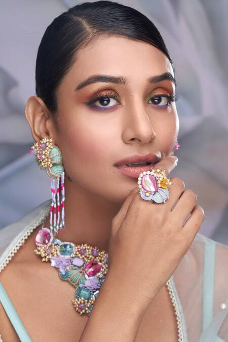 Torque By Merge Multi Color Sequins, Stones Embellished Choker Set at Aza Fashions Torque By Merge_Multi Color Sequins, Stones Embellished Choker Set _at_Aza_Fashions