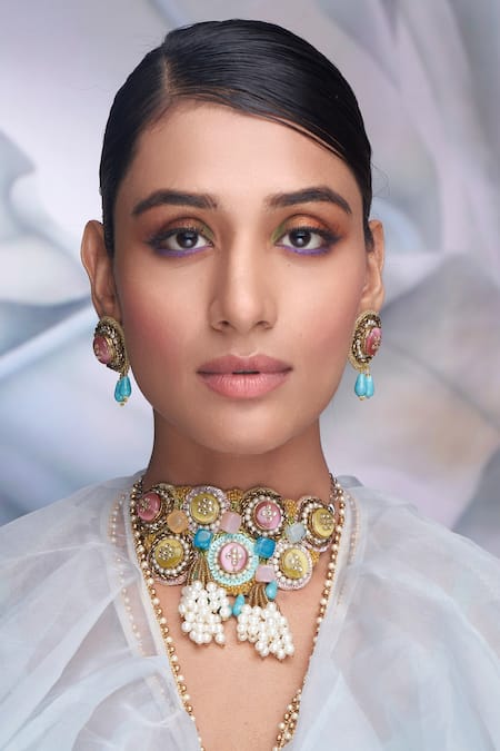 Torque By Merge Multi Color Sequins, Stones And Embellished Choker Set Online at Aza Fashions Torque By Merge_Multi Color Sequins, Stones And Embellished Choker Set _Online_at_Aza_Fashions