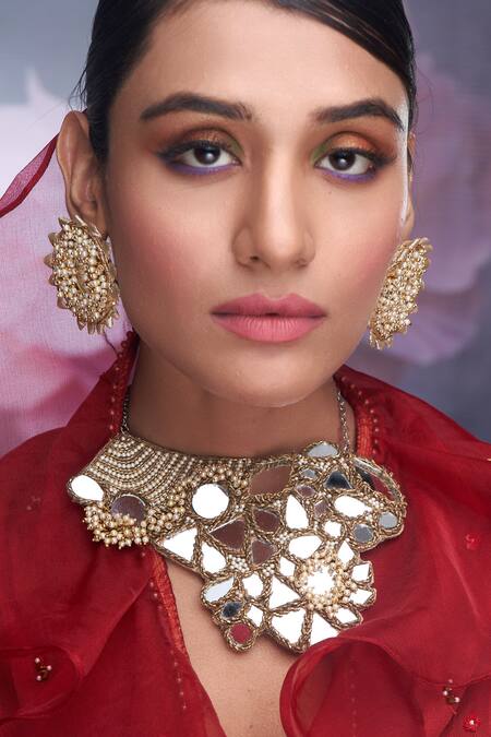 Torque By Merge Multi Color Pearls, Stones Mirror Embellished Choker Set Online at Aza Fashions Torque By Merge_Multi Color Pearls, Stones Mirror Embellished Choker Set _Online_at_Aza_Fashions