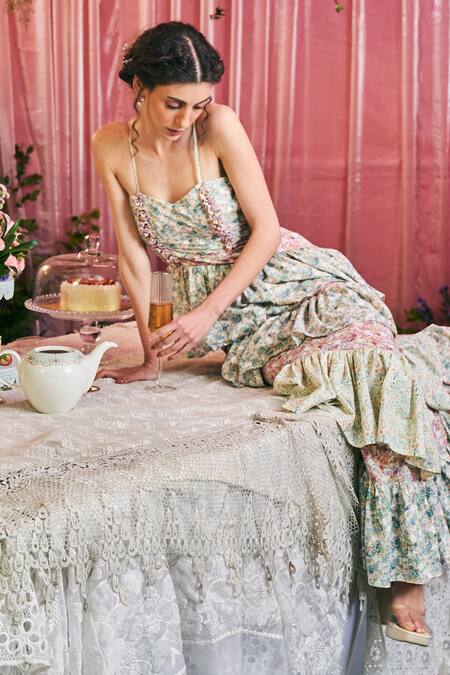 Shop Therealb Multi Color Cotton Ruffles Sweetheart Neck Wild Lily Print Gown Online at Aza Fashions Shop_Therealb_Multi Color Cotton Ruffles Sweetheart Neck Wild Lily Print Gown _Online_at_Aza_Fashions