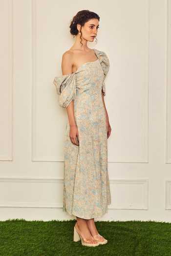 Shop Therealb Multi Color Polyester Square Neck Fallen Angel Puffed Sleeve Printed Dress Online at Aza Fashions Shop_Therealb_Multi Color Polyester Square Neck Fallen Angel Puffed Sleeve Printed Dress _Online_at_Aza_Fashions