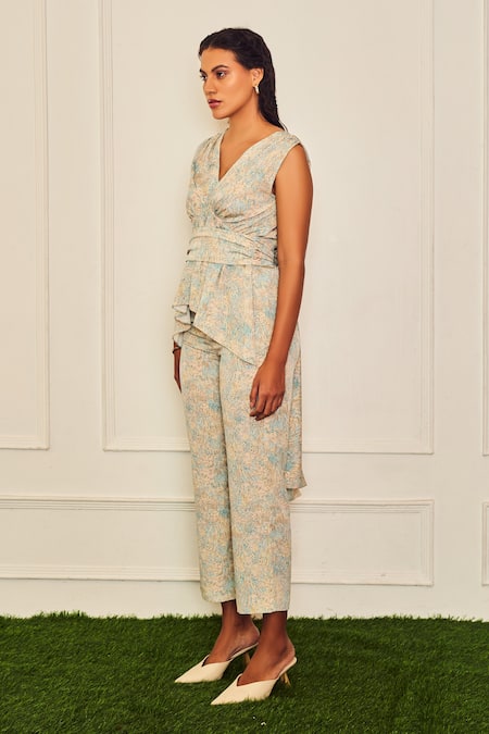 Shop_Therealb_Multi Color Polyester Embroidery V-neck No Control Printed Blouse And Pant Set _Online_at_Aza_Fashions