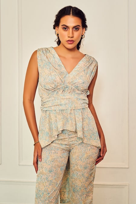 Therealb_Multi Color Polyester Embroidery V-neck No Control Printed Blouse And Pant Set _at_Aza_Fashions