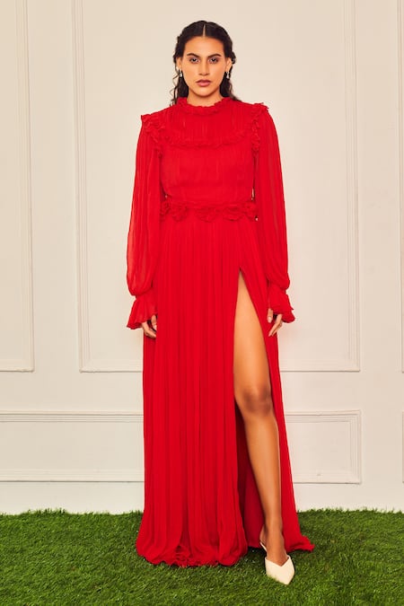 Buy Therealb Red Viscose Fabric Flowers High Neck Poetry Of Love Chiffon Maxi Slit Dress Online at Aza Fashions Buy_Therealb_Red Viscose Fabric Flowers High Neck Poetry Of Love Chiffon Maxi Slit Dress _Online_at_Aza_Fashions