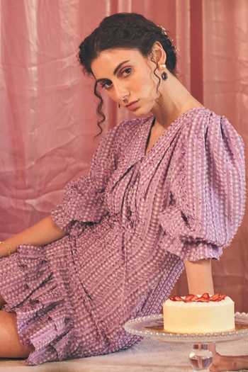 Shop Therealb Purple Polyester Collared Love Checkered Pattern Short Dress Online at Aza Fashions Shop_Therealb_Purple Polyester Collared Love Checkered Pattern Short Dress _Online_at_Aza_Fashions