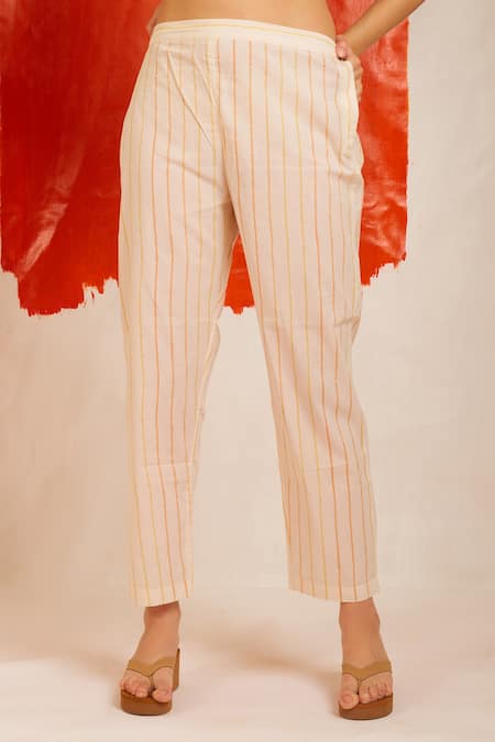 Banana Labs Orange Cotton Collared Golden Hour Striped Print Kaftan And Pant Set Online at Aza Fashions Banana Labs_Orange Cotton Collared Golden Hour Striped Print Kaftan And Pant Set _Online_at_Aza_Fashions