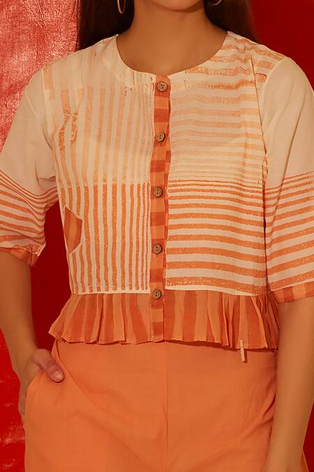 Banana Labs Orange Cotton Embroidery Round Neck Mandarin Block Print Top And Pant Co-ord Set Online at Aza Fashions Banana Labs_Orange Cotton Embroidery Round Neck Mandarin Block Print Top And Pant Co-ord Set _Online_at_Aza_Fashions