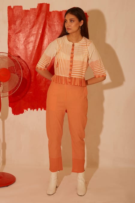 Buy Banana Labs Orange Cotton Embroidery Round Neck Mandarin Block Print Top And Pant Co-ord Set Online at Aza Fashions Buy_Banana Labs_Orange Cotton Embroidery Round Neck Mandarin Block Print Top And Pant Co-ord Set _Online_at_Aza_Fashions