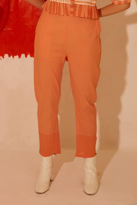 Shop Banana Labs Orange Cotton Embroidery Round Neck Mandarin Block Print Top And Pant Co-ord Set Online at Aza Fashions Shop_Banana Labs_Orange Cotton Embroidery Round Neck Mandarin Block Print Top And Pant Co-ord Set _Online_at_Aza_Fashions