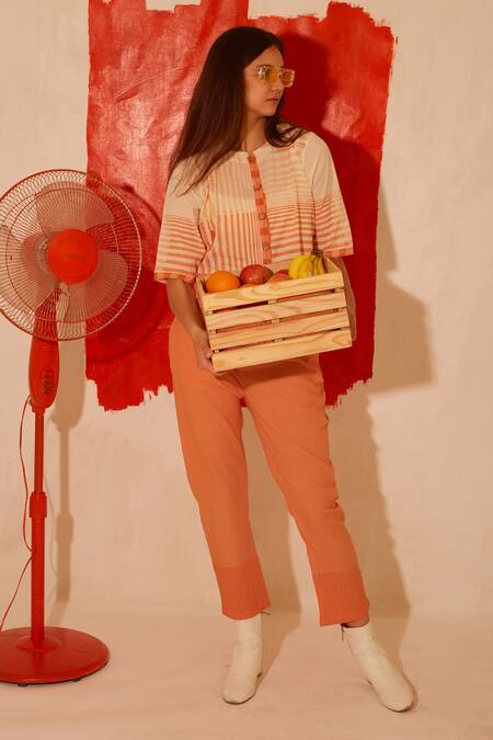 Banana Labs Orange Cotton Embroidery Round Neck Mandarin Block Print Top And Pant Co-ord Set at Aza Fashions Banana Labs_Orange Cotton Embroidery Round Neck Mandarin Block Print Top And Pant Co-ord Set _at_Aza_Fashions