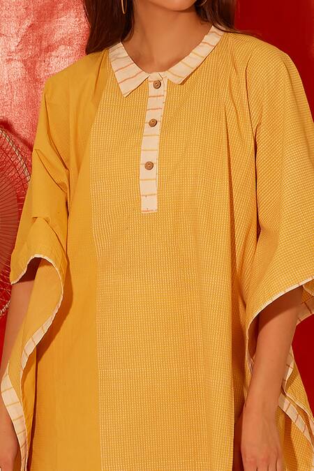 Shop Banana Labs Orange Cotton Collared Golden Hour Striped Print Kaftan And Pant Set Online at Aza Fashions Shop_Banana Labs_Orange Cotton Collared Golden Hour Striped Print Kaftan And Pant Set _Online_at_Aza_Fashions