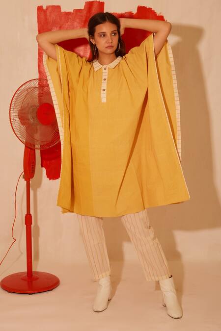 Banana Labs Orange Cotton Collared Golden Hour Striped Print Kaftan And Pant Set at Aza Fashions Banana Labs_Orange Cotton Collared Golden Hour Striped Print Kaftan And Pant Set _at_Aza_Fashions