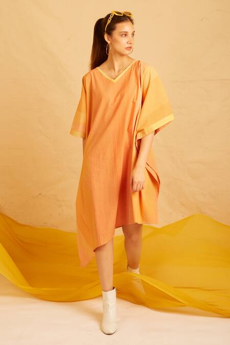 Banana Labs Orange Cotton V-neck Bliss Hand Block Print Kaftan Dress Online at Aza Fashions Banana Labs_Orange Cotton V-neck Bliss Hand Block Print Kaftan Dress_Online_at_Aza_Fashions