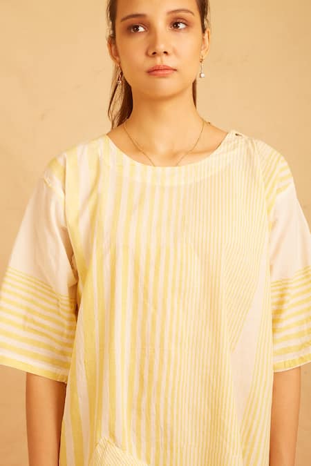 Banana Labs White Cotton Round Neck And Yellow Ombre Kurta Set Online at Aza Fashions Banana Labs_White Cotton Round Neck And Yellow Ombre Kurta Set _Online_at_Aza_Fashions