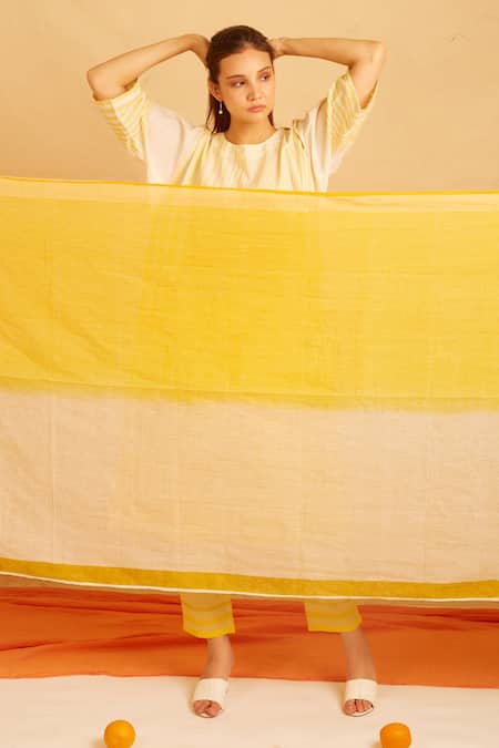 Buy Banana Labs White Cotton Round Neck Buttercup Ombre Kurta Pant Set Online at Aza Fashions Buy_Banana Labs_White Cotton Round Neck Buttercup Ombre Kurta Pant Set _Online_at_Aza_Fashions