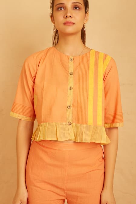 Banana Labs Orange Cotton Embroidery Round Neck Pumpkin Printed Crop Top And Pant Set Online at Aza Fashions Banana Labs_Orange Cotton Embroidery Round Neck Pumpkin Printed Crop Top And Pant Set _Online_at_Aza_Fashions