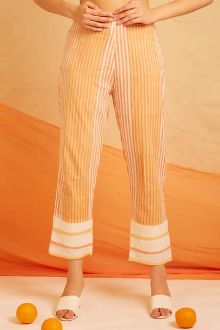 Banana Labs White Cotton Round Neck Apricot Hand Block Striped Print Kurta Pant Set Online at Aza Fashions Banana Labs_White Cotton Round Neck Apricot Hand Block Striped Print Kurta Pant Set _Online_at_Aza_Fashions