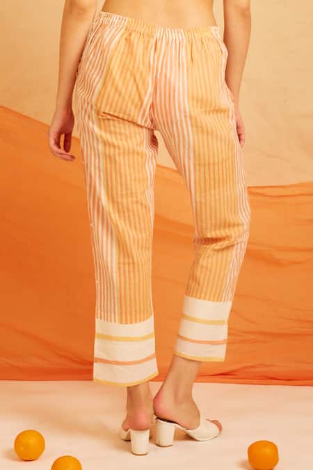 Buy Banana Labs White Cotton Round Neck Apricot Hand Block Striped Print Kurta Pant Set Online at Aza Fashions Buy_Banana Labs_White Cotton Round Neck Apricot Hand Block Striped Print Kurta Pant Set _Online_at_Aza_Fashions