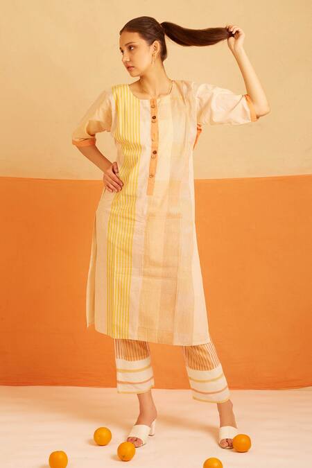 Shop Banana Labs White Cotton Round Neck Apricot Hand Block Striped Print Kurta Pant Set Online at Aza Fashions Shop_Banana Labs_White Cotton Round Neck Apricot Hand Block Striped Print Kurta Pant Set _Online_at_Aza_Fashions