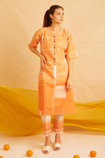 Banana Labs Orange Cotton Round Neck Hand Block Print Kurta Pant Set Online at Aza Fashions Banana Labs_Orange Cotton Round Neck Hand Block Print Kurta Pant Set _Online_at_Aza_Fashions