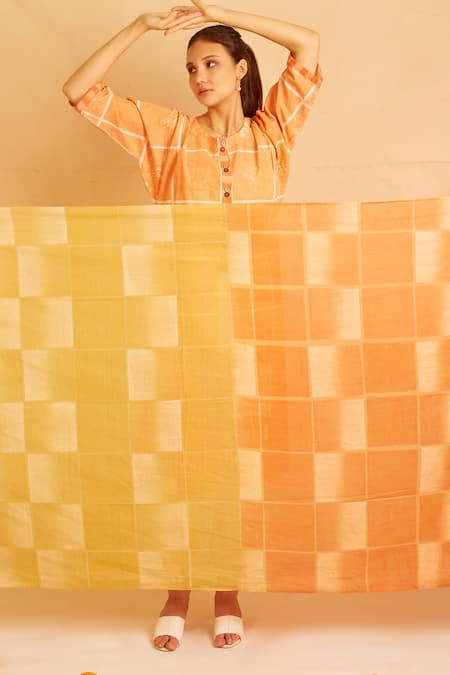 Shop Banana Labs Orange Cotton Round Neck Hand Block Print Kurta Pant Set Online at Aza Fashions Shop_Banana Labs_Orange Cotton Round Neck Hand Block Print Kurta Pant Set _Online_at_Aza_Fashions