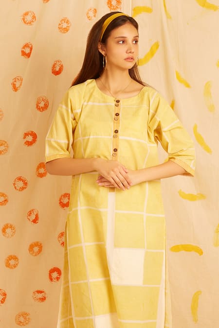 Buy Banana Labs Yellow Cotton Tassels Round Neck Box Hand Block Print Kurta Pant Set Online at Aza Fashions Buy_Banana Labs_Yellow Cotton Tassels Round Neck Box Hand Block Print Kurta Pant Set _Online_at_Aza_Fashions