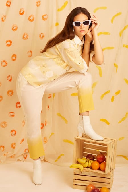 Buy Banana Labs Yellow Cotton Embroidery Collared Hand Block Print Shirt And Pant Set Online at Aza Fashions Buy_Banana Labs_Yellow Cotton Embroidery Collared Hand Block Print Shirt And Pant Set _Online_at_Aza_Fashions